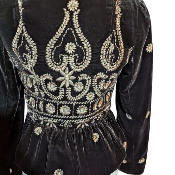 People Like Frank Anthropologie Brown Peplem Velvet Blazer Gold Embroidery Sz XS - Picture 3 of 14